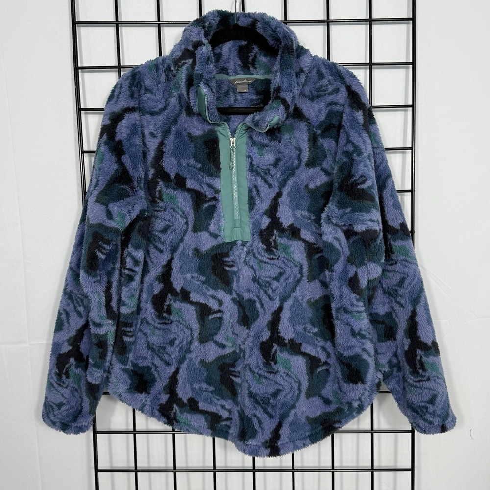 Eddie Bauer 1/4‎ Zip Fleece Jacket Womens Medium M Blue Camo Outdoor Casual